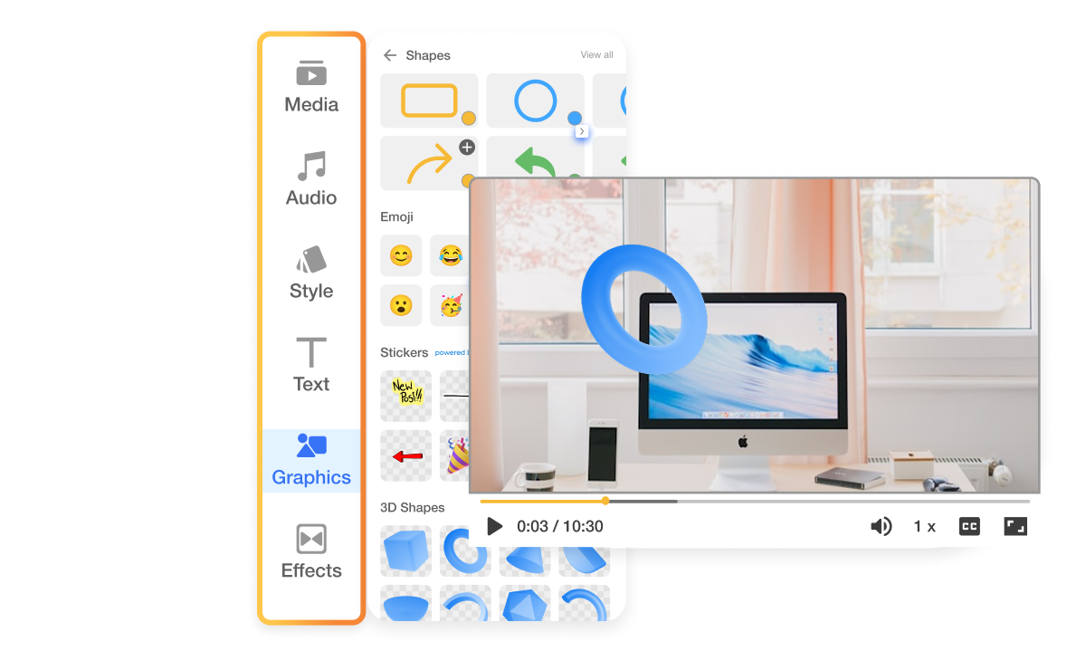 Shapes panel in Visla for adding rectangles, circles, arrows, and other graphics to video scenes